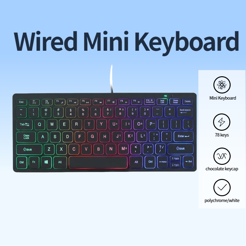 Gaming Keyboard Budget - คีย์บอร์ดขนาดเล็กแบบมีสาย 78Keys, ปุ่มกดช็อคโกแลต, ไฟพื้นหลังโพลีโครม, เพรียวบางและเงียบ, แอปพลิเคชันหลายฉาก,