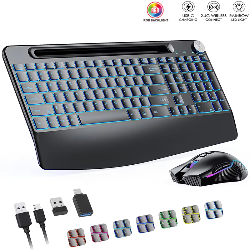 Gaming Keyboard Mouse Set - 2.4G และ Type-C คีย์บอร์ดไร้สายเมาส์ Combo พร้อมสายรัดข้อมือ,RGB
