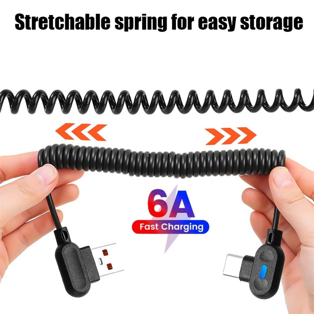 Coiled Usb Cable - 90 ° สายชาร์จข้อมูลแบบสปริงหดได้ หัว USB Type-C