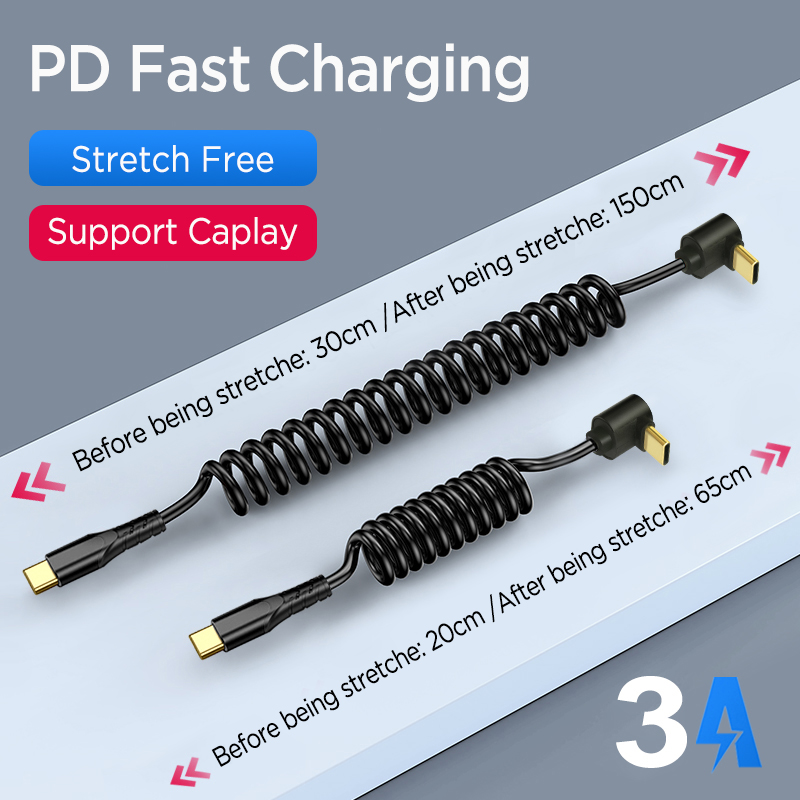 Coiled Usb Cable - สายเคเบิล USB C แบบขดสำหรับรถยนต์,90 ° สายชาร์จเร็วแบบพับเก็บได้พร้อมหัวต่อแบบมุมฉากสำหรับ