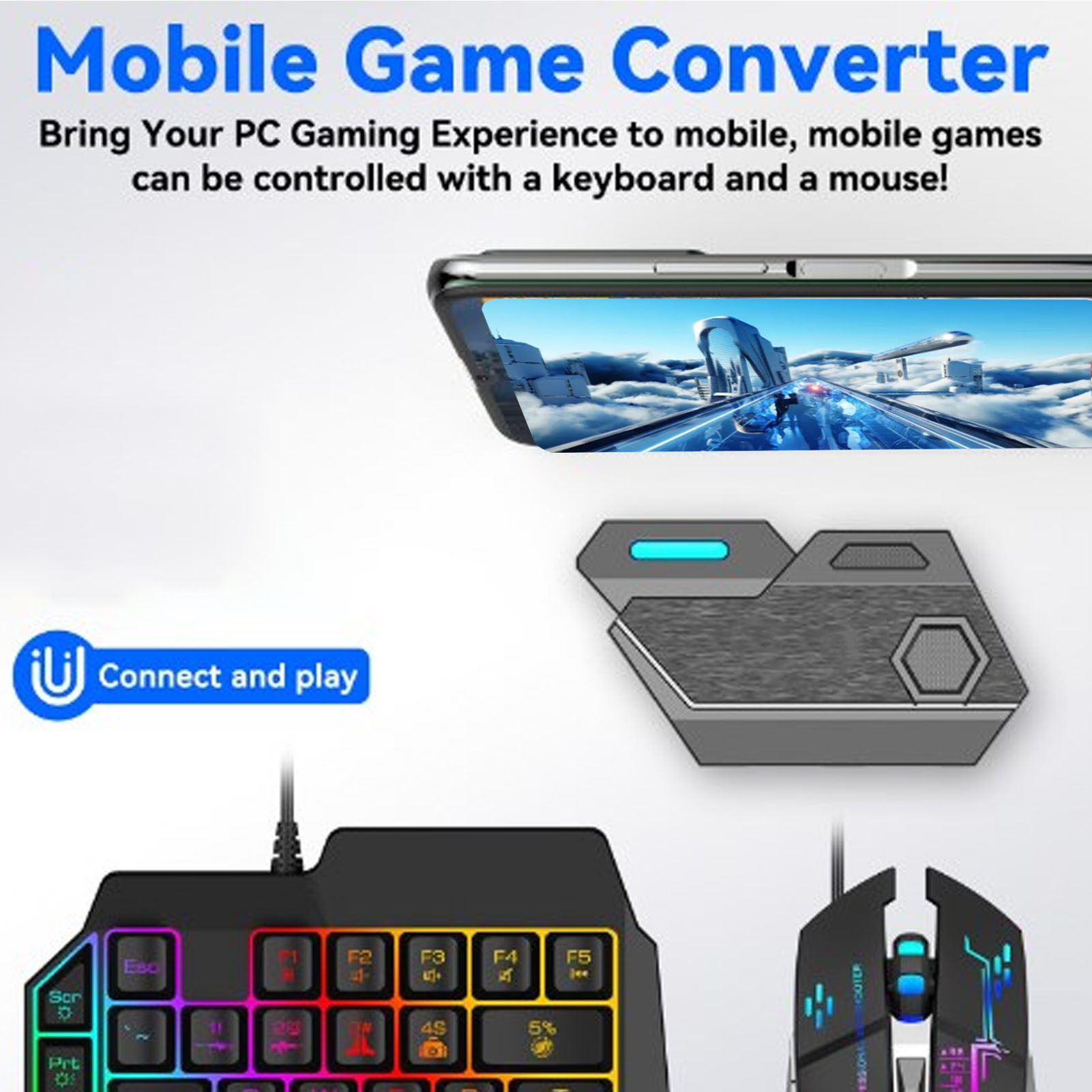 Gaming Keyboard And Mouse Combo - ชุดคอมโบเกมมือถือ เชื่อมต่อบลูทูธ คีย์บอร์ดและเมาส์แบบมือเดียว ตอบสนองไว พร้อมที่ยึดโทรศัพท์ปรับได้สำหรับเล่นเกม