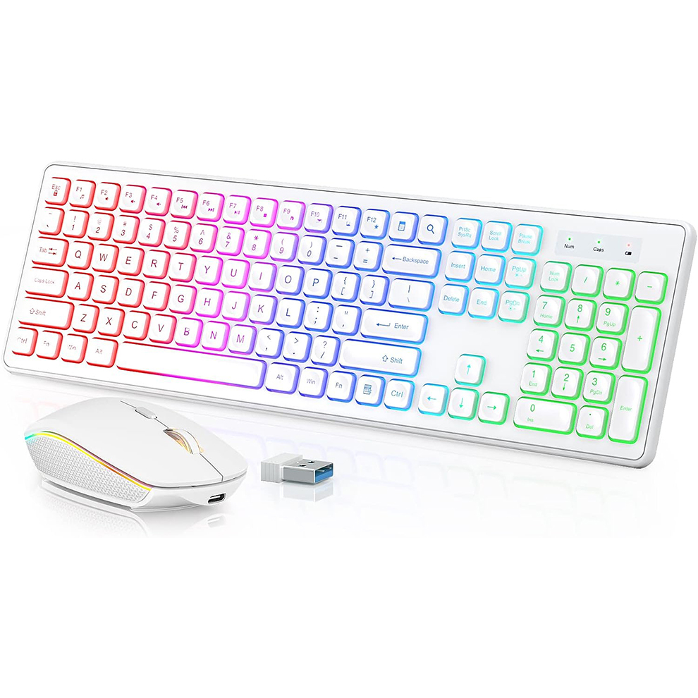 Gaming Keyboard Mouse Set - คีย์บอร์ดและเมาส์ไร้สายแบบมีไฟพื้นหลัง, ปุ่มเรืองแสงเงียบ, ขาตั้งปรับเอียงได้, ชุดคอมโบไร้สายแบบชาร์จไฟได้ผ่าน USB สำหรับคอมพิวเตอร์,